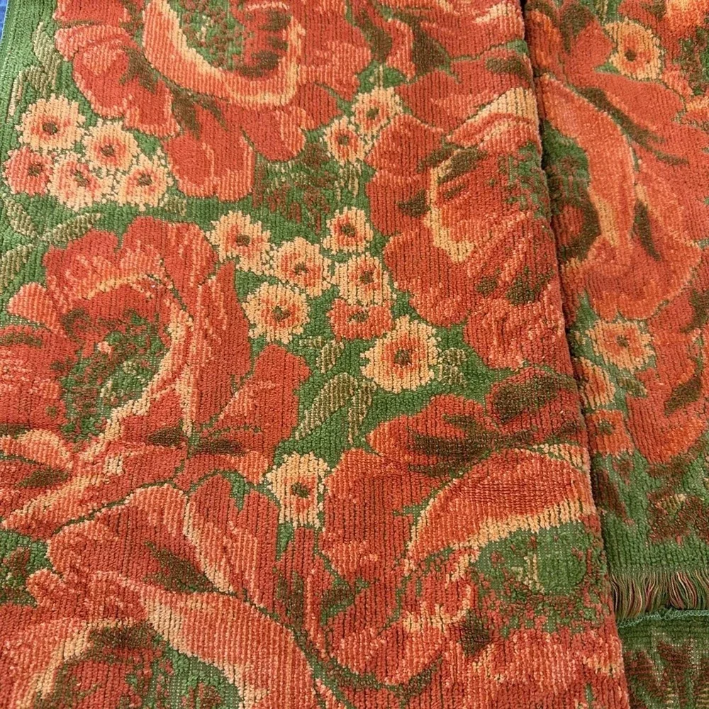 VTG Fieldcrest Orange Green Poppies 3 Towel Set Bath, Hand Towel and Washcloth